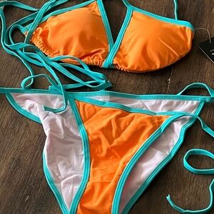 Vibrant Orange Bikini with Teal Trim